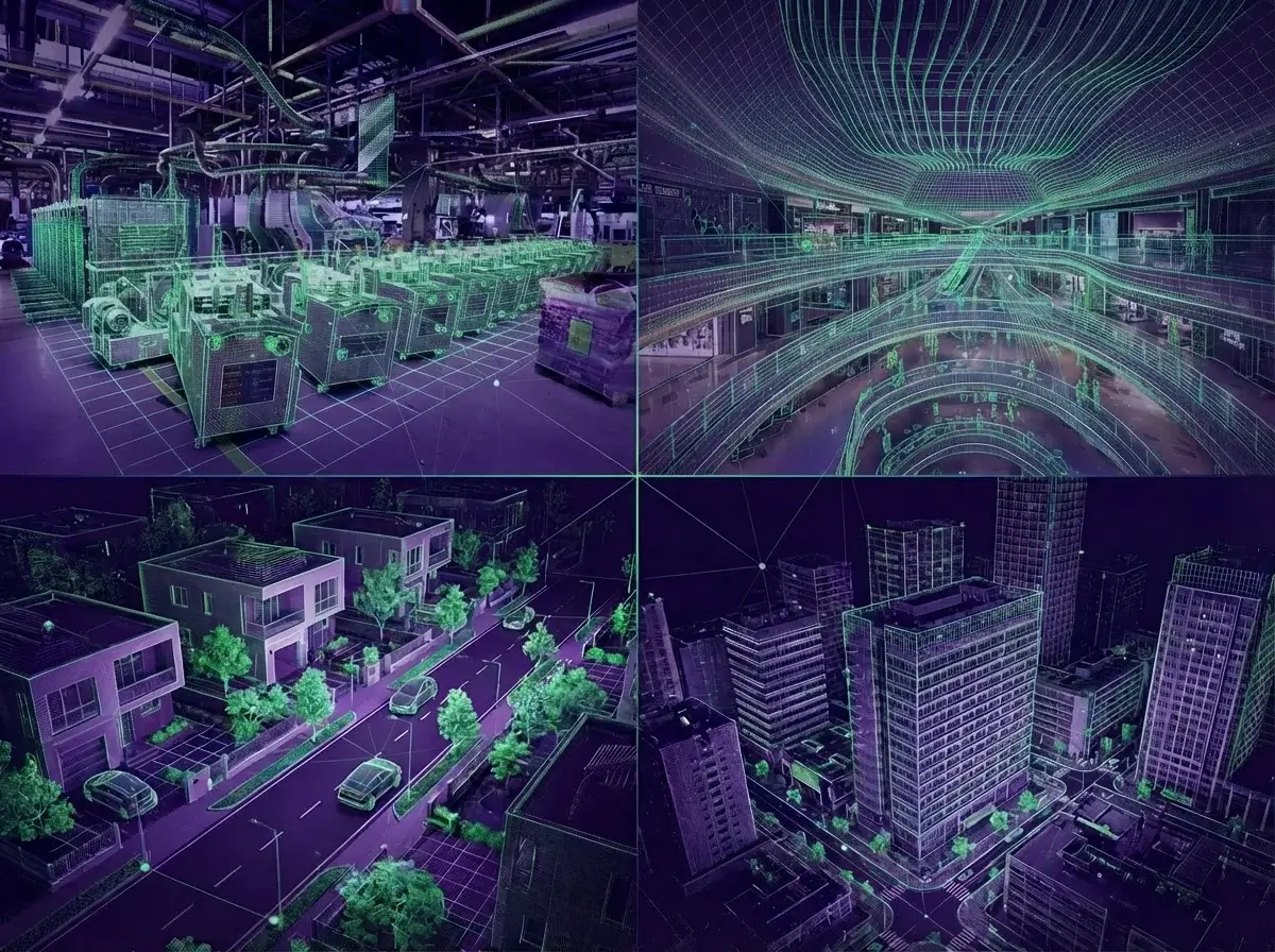 Composite image showing digital wireframe overlays on photos of an industrial facility, shopping mall interior, suburban neighborhood, and urban cityscape.