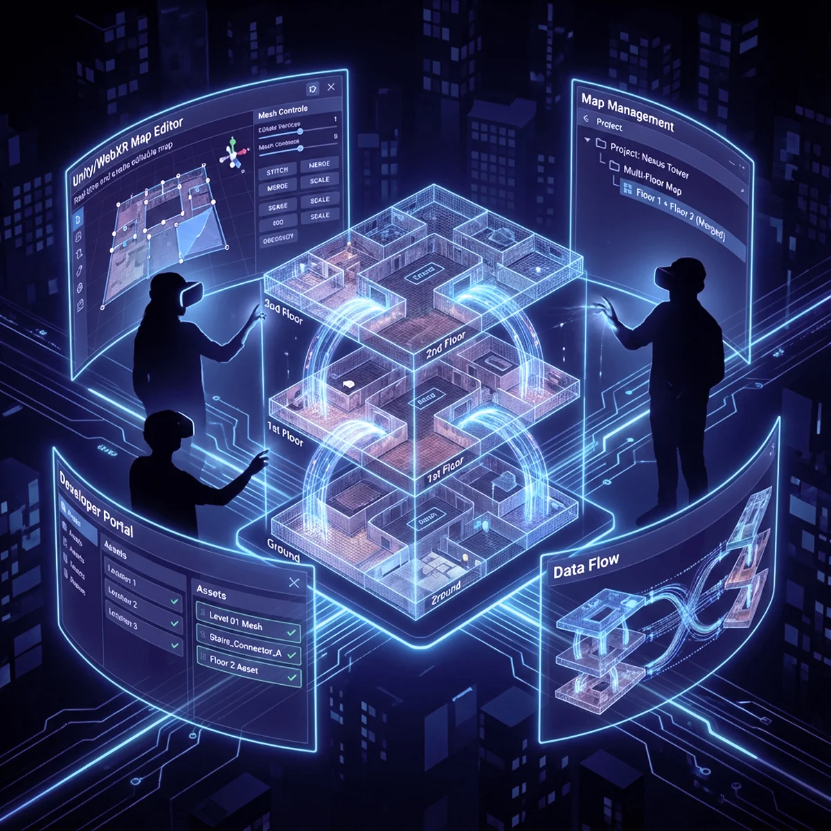 Three people wearing VR headsets interacting with floating holographic interfaces displaying a 3D multi-floor building model and data flow diagrams.