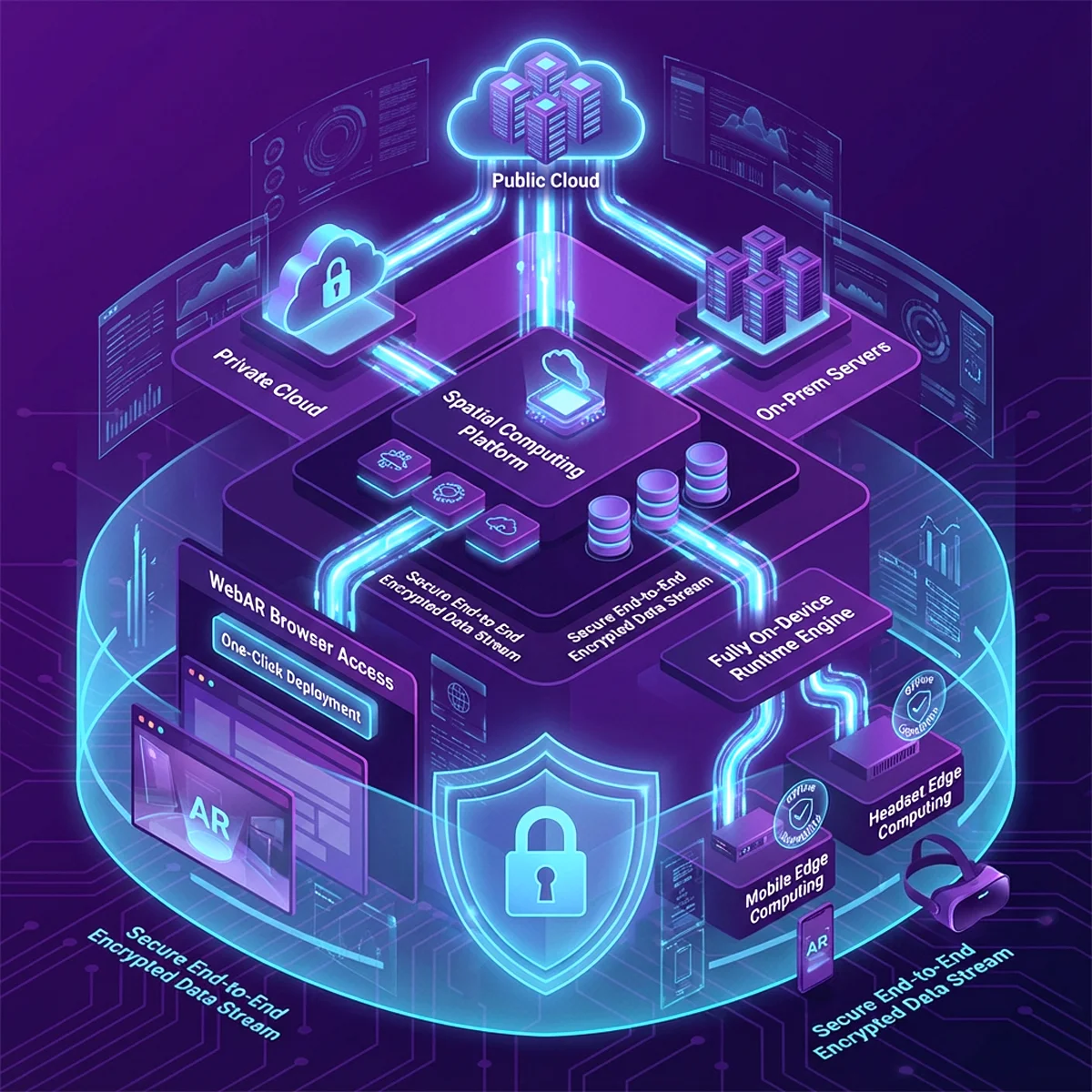 3D digital diagram showing a secure spatial computing platform connecting public cloud, private cloud, on-prem servers, WebAR browser access, mobile edge computing, and headset edge computing with secure end-to-end encrypted data streams.