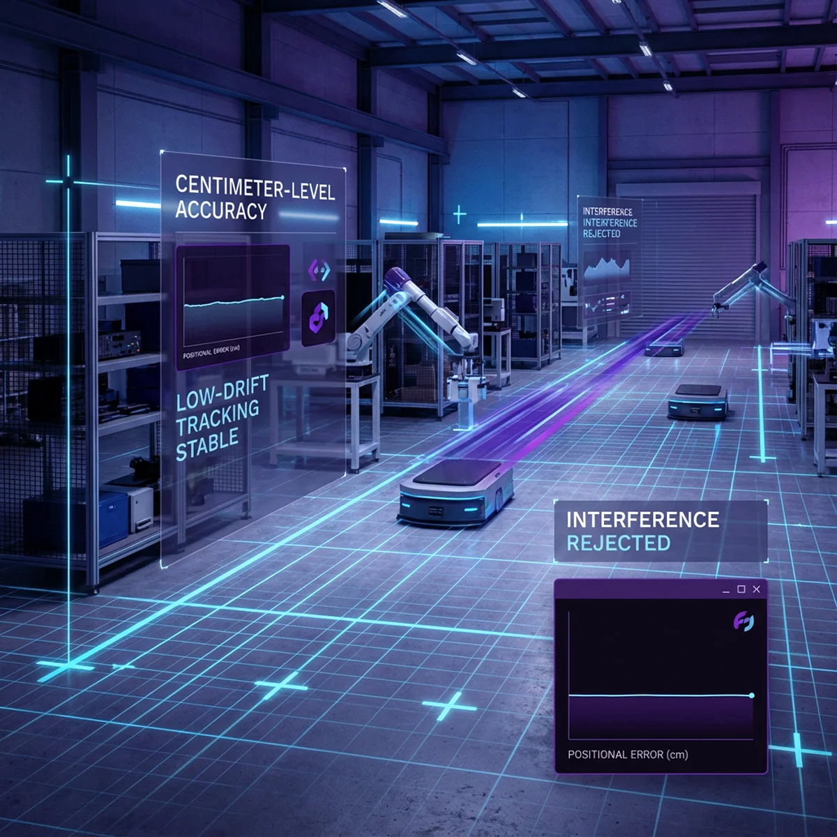 Futuristic factory floor with robotic arms and autonomous robots showing holographic displays of centimeter-level accuracy, low-drift tracking, and interference rejected.