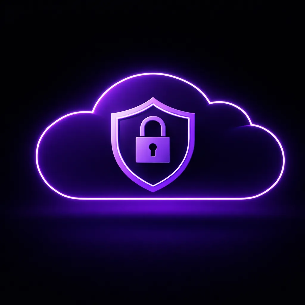 Purple neon cloud with a shield and lock icon symbolizing cloud security on a dark background.