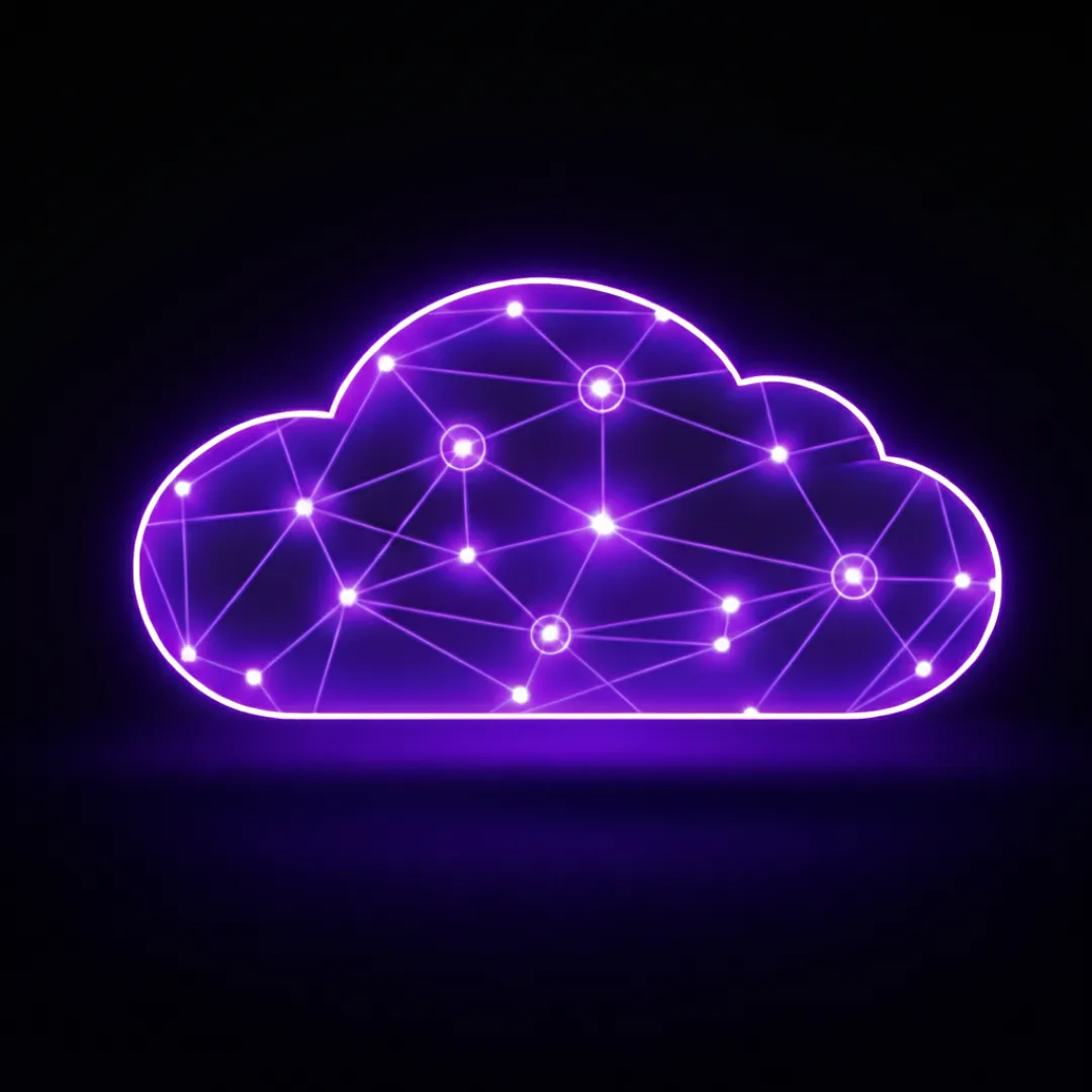 Neon purple cloud outline with interconnected glowing nodes representing cloud network or cloud computing.