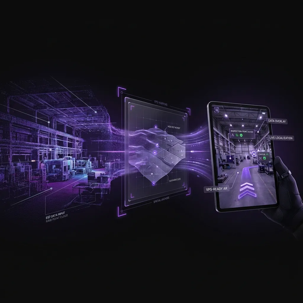 Digital visualization showing spatial computing for industrial space mapping with raw point cloud data transforming into interactive AR interface on a tablet.
