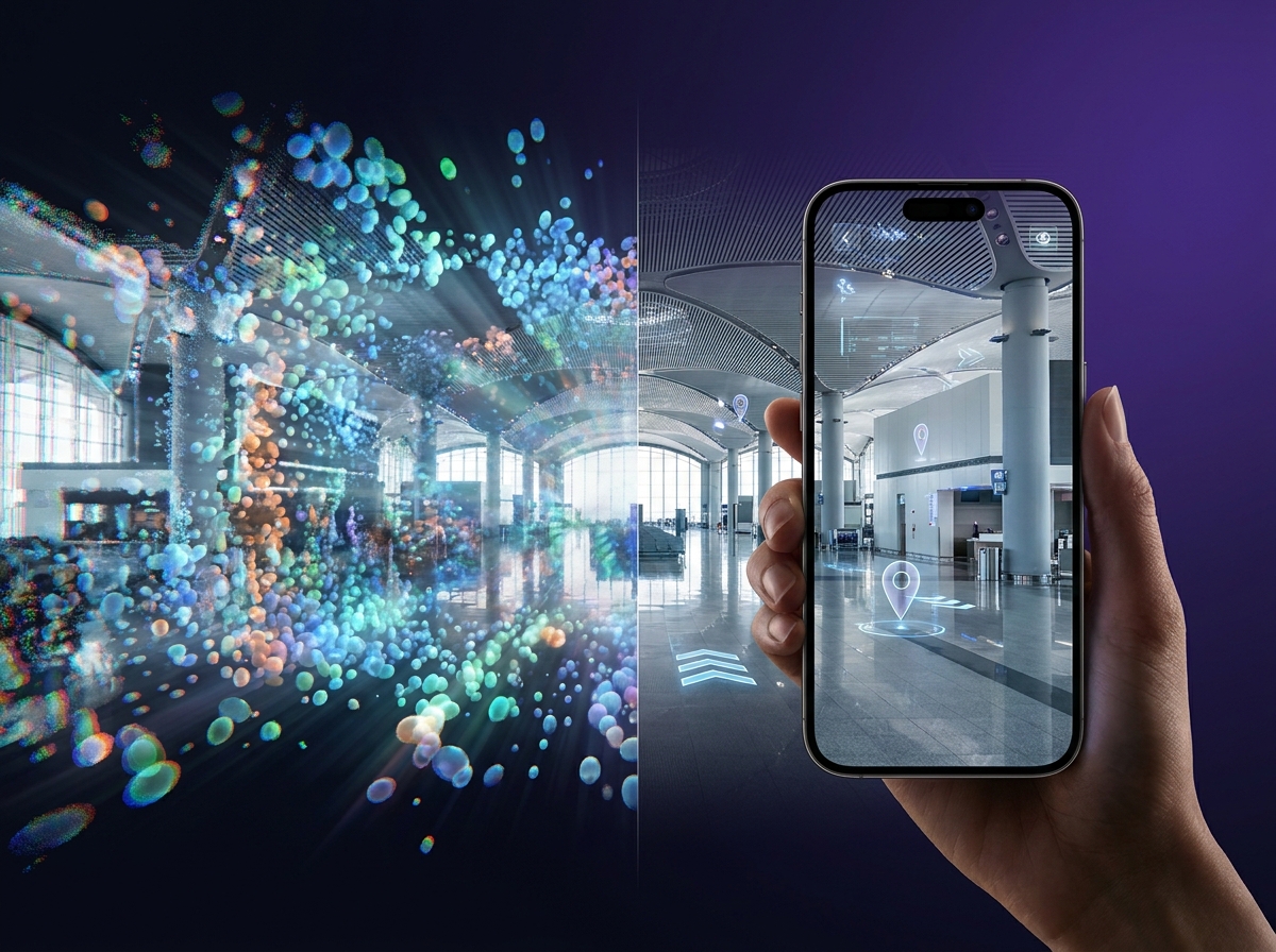 Digital visualization showing spatial computing for industrial space mapping with raw point cloud data transforming into interactive AR interface on a tablet.