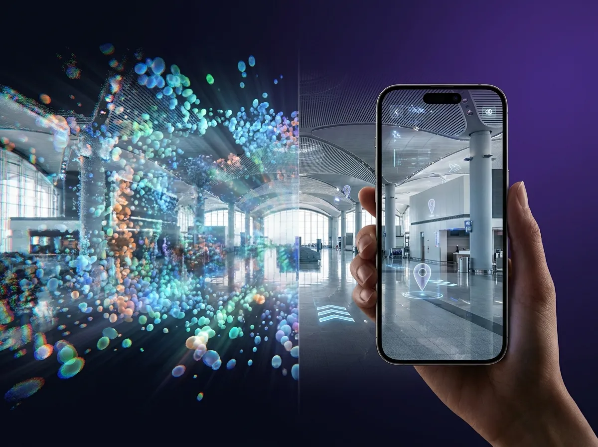 Digital visualization showing spatial computing for industrial space mapping with raw point cloud data transforming into interactive AR interface on a tablet.