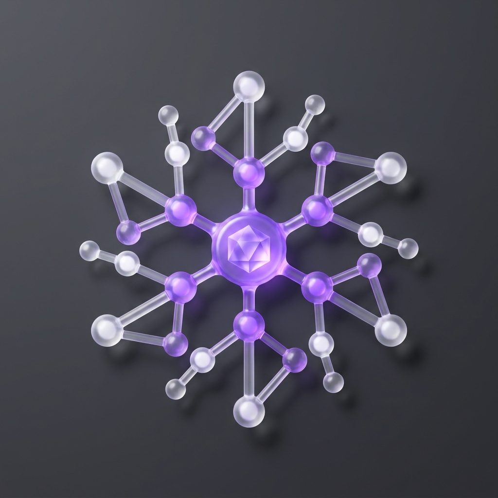 3D model of a purple and white molecular structure with interconnected spheres and rods on a dark background.