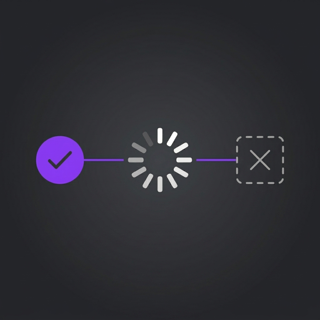 Diagram showing a purple checkmark connected by a line to a loading spinner, which is then connected to a dashed square with an X.