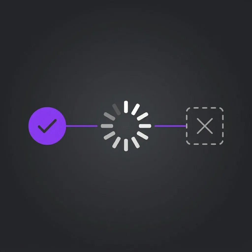 Diagram showing a purple checkmark connected by a line to a loading spinner, which is then connected to a dashed square with an X.