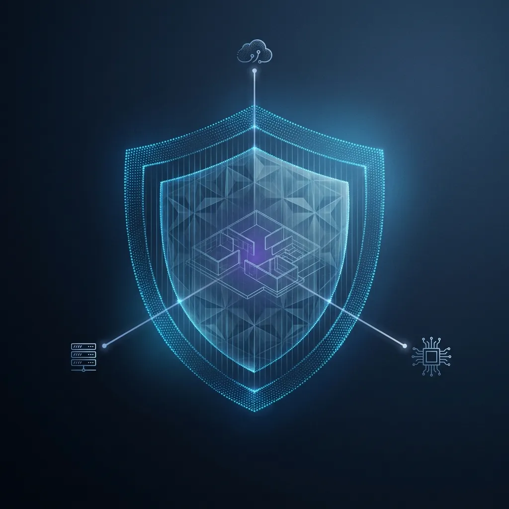 MultiSet enterprise VPS spatial foundation: abstract shield with cloud, private VPC, and on-prem deployment options.