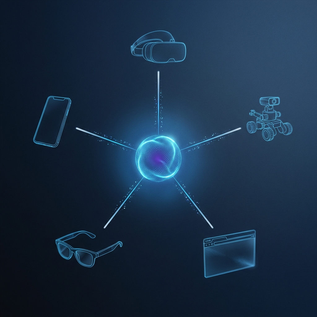 MultiSet cross-platform VPS SDK: one core connecting iOS, Android, WebXR, Meta Quest headset, and ROS 2 robot.