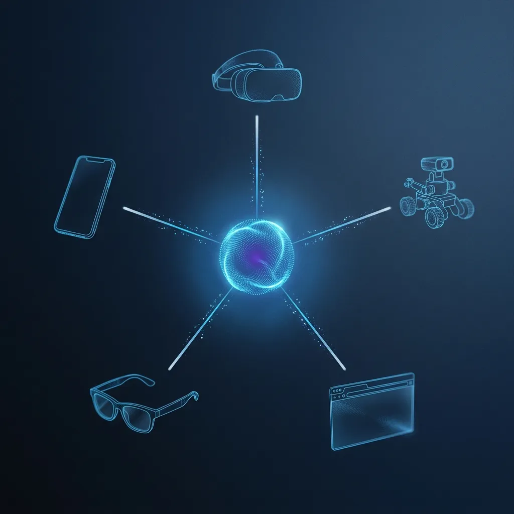 MultiSet cross-platform VPS SDK: one core connecting iOS, Android, WebXR, Meta Quest headset, and ROS 2 robot.