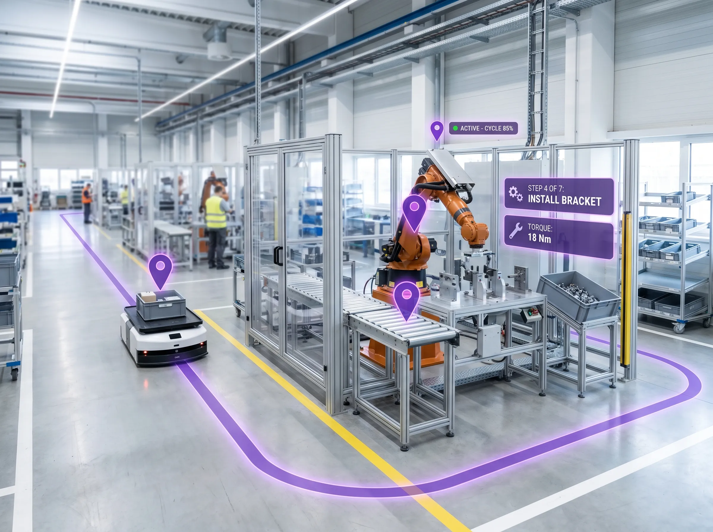 View through augmented reality goggles showing a factory floor with labeled sections: Electrical, HVAC, and M.V.C.