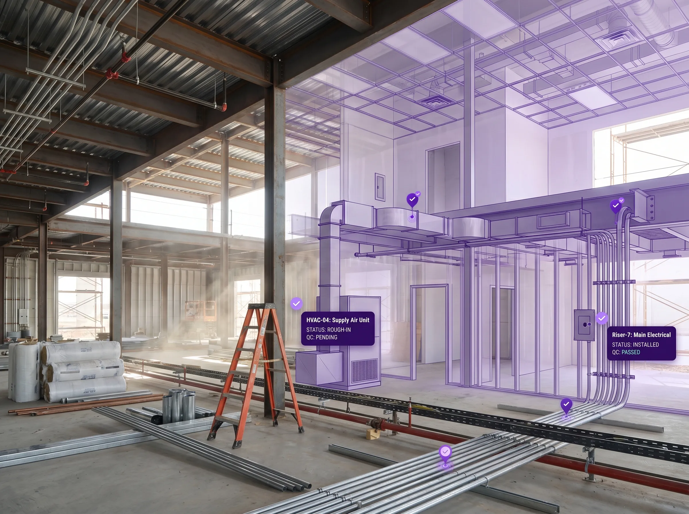 Industrial factory interior with pipes, machinery, and augmented reality data overlays labeling Heat Meter, Milling Machine, and Power Station.