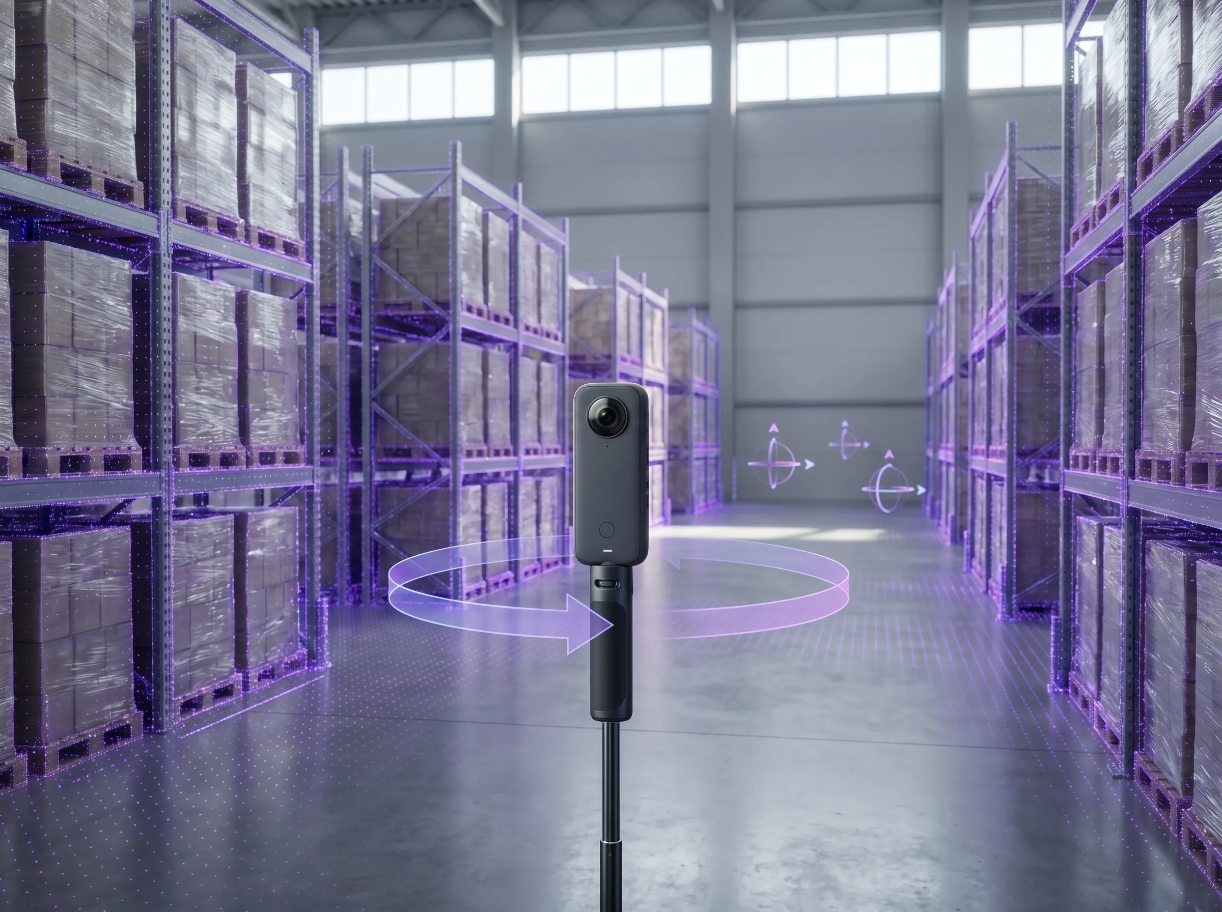 Digital visualization showing spatial computing for industrial space mapping with raw 360 video data transforming into interactive AR interface on a tablet.