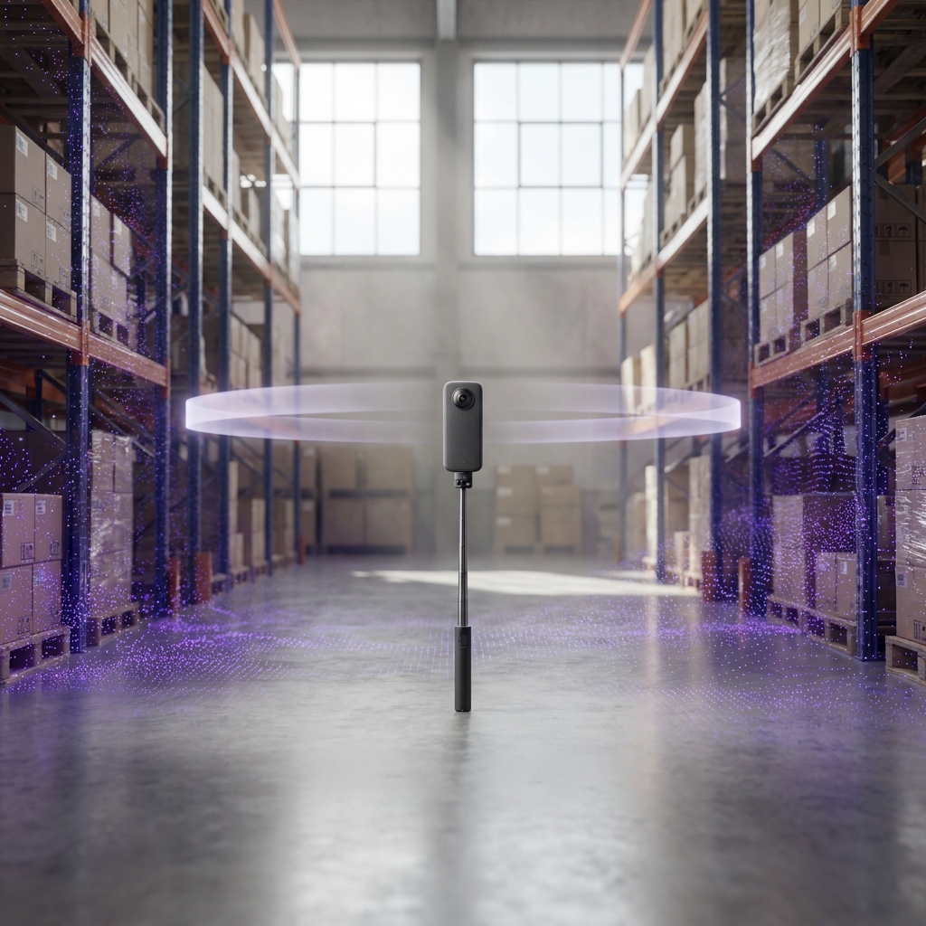 MultiSet 360 video to VPS: a handheld 360 camera scanning a warehouse aisle into a spatial point cloud