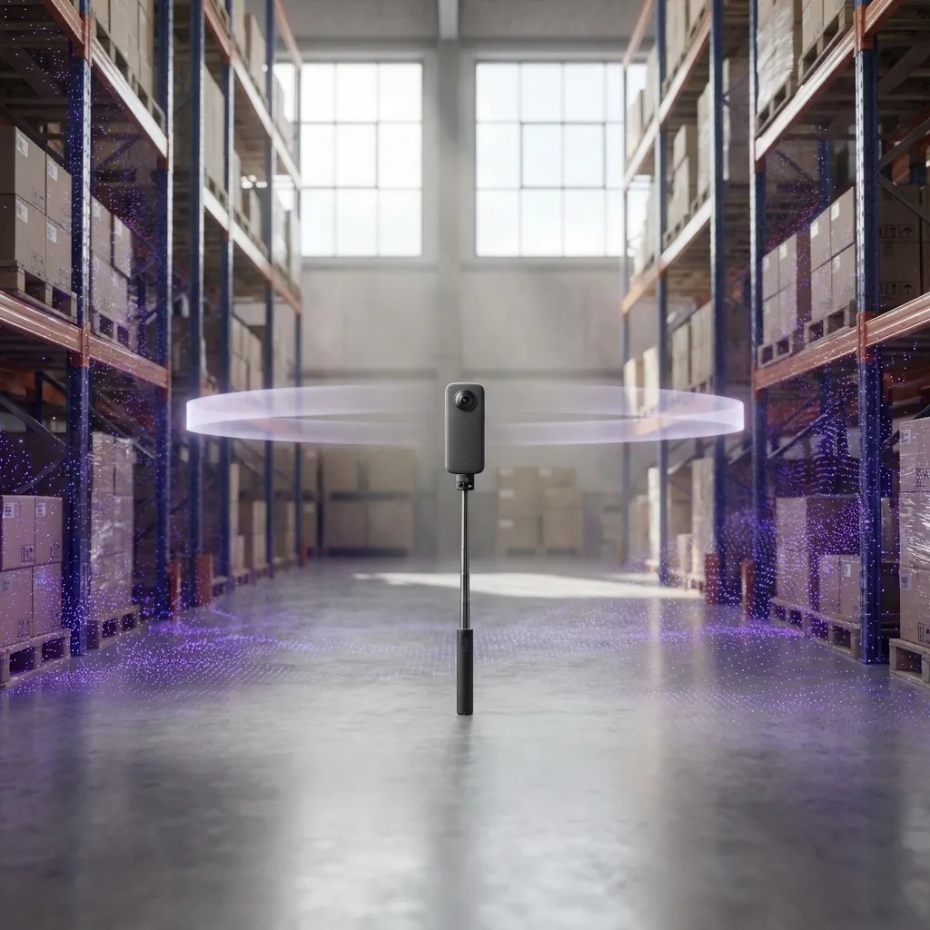MultiSet 360 video to VPS: a handheld 360 camera scanning a warehouse aisle into a spatial point cloud