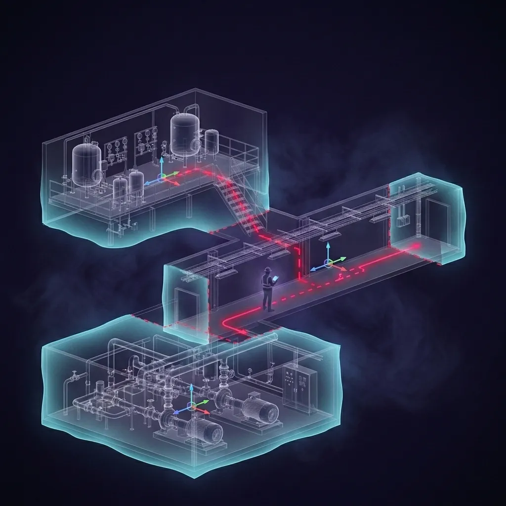 Diagram showing a central purple hexagon connected to icons and text representing NaVis, Leica Geosystems, Indoor Navigation, AR data overlay, Location Tracking, MatterPort, and iPhone/iPad.