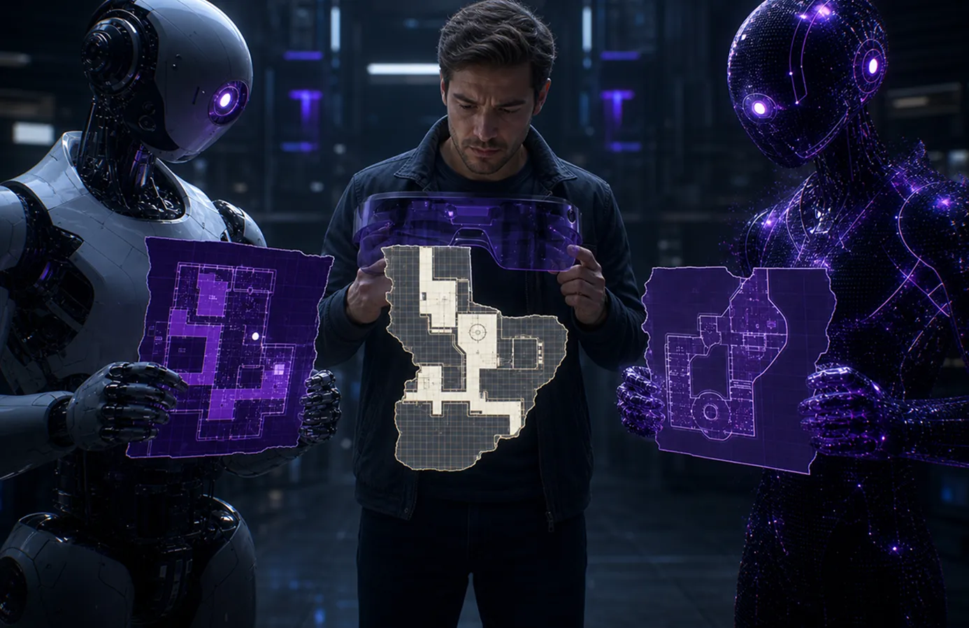A technician holding a headset visor between two humanoid robots, each holding a different floor plan of the same building
