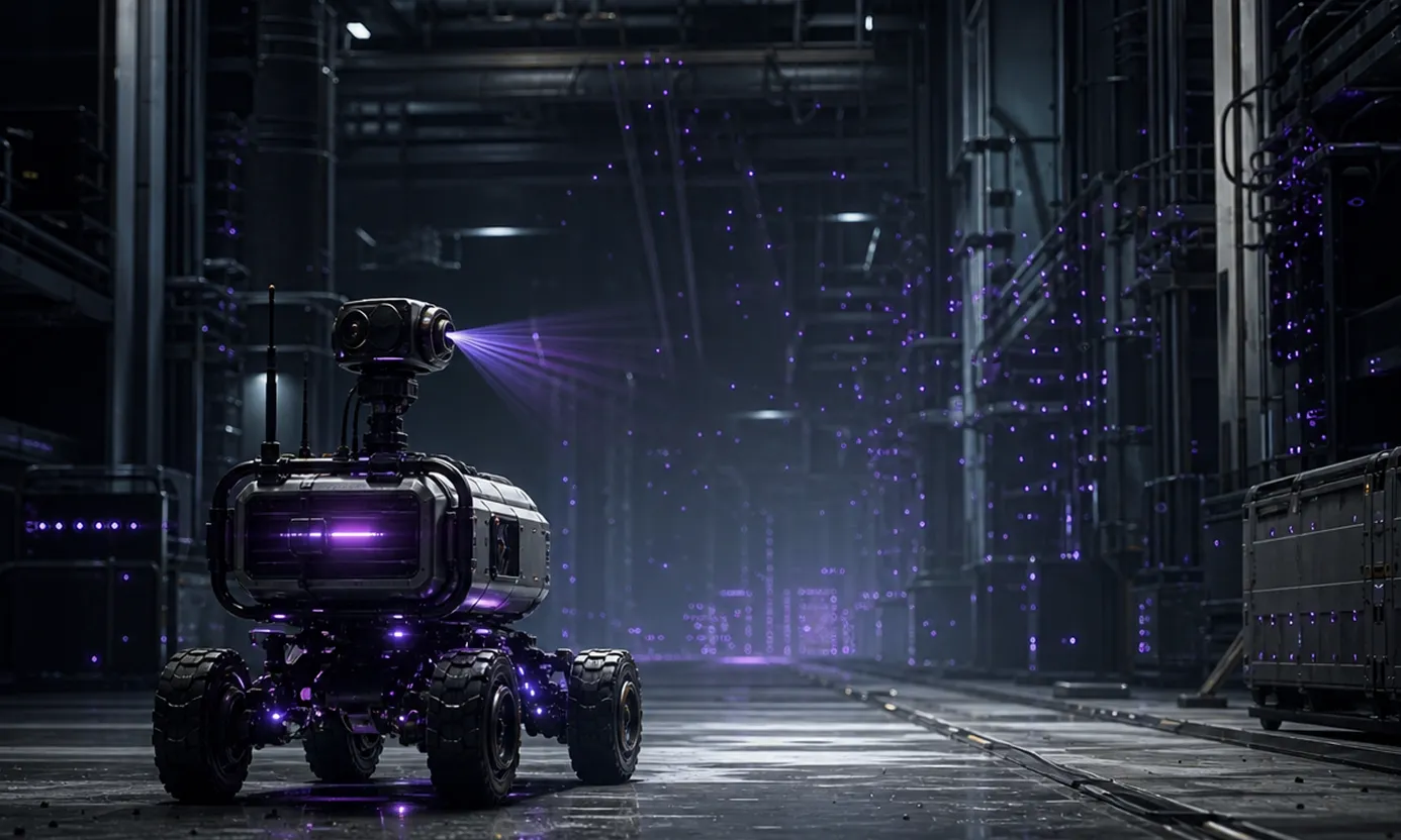 A mobile robot in a dark industrial aisle projecting a camera light cone down the corridor as it wakes and recovers its position