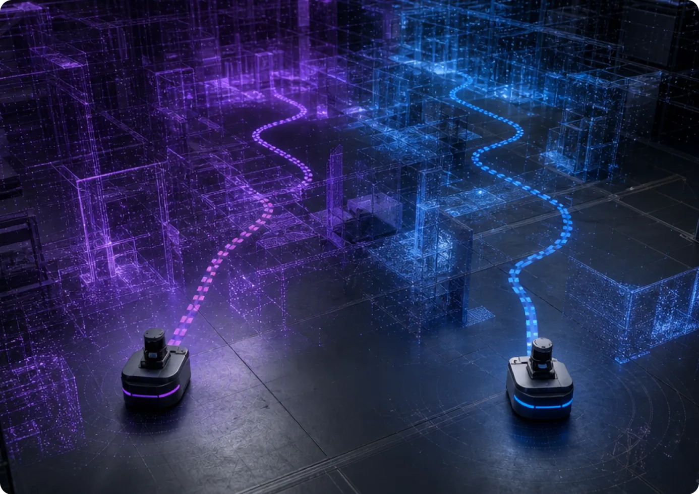 Two mobile robots tracing separate winding paths through wireframe maps of the same space, one purple and one blue, showing two coordinate frames drifting apart