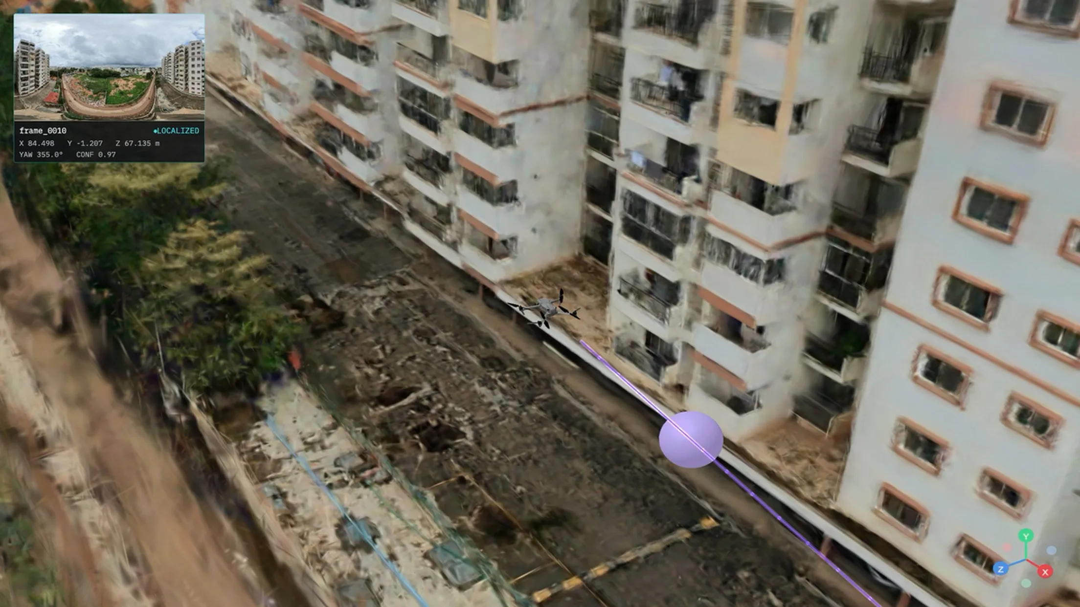 A drone view of a building facade with the localized coordinate frame drawn over it