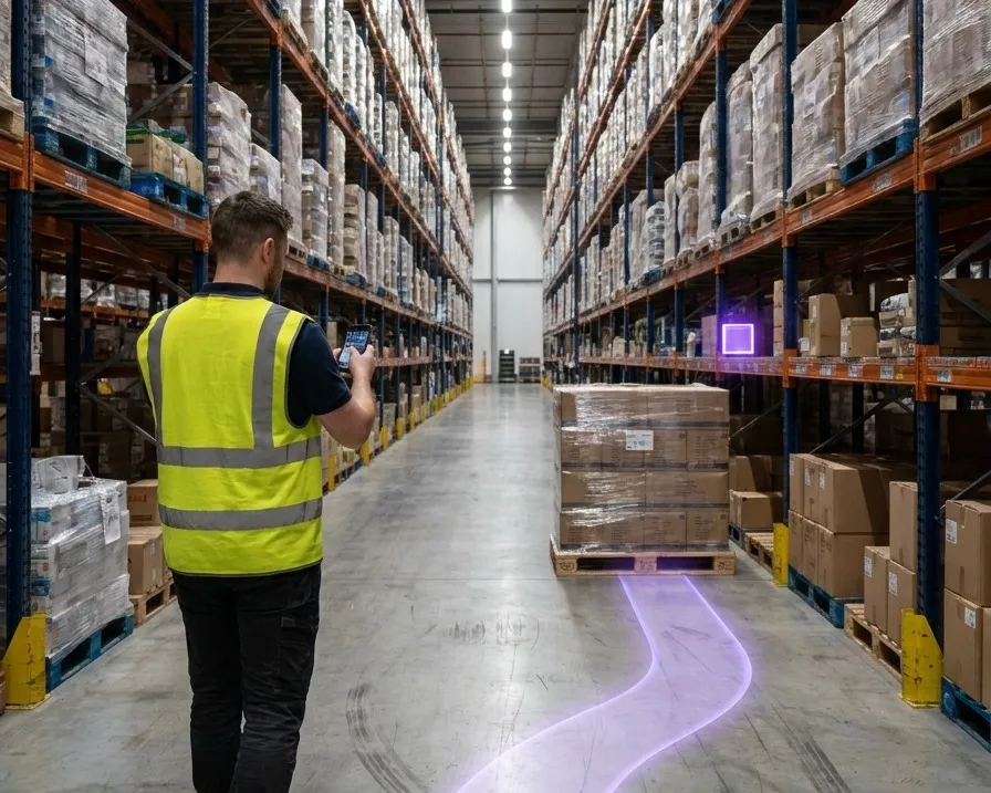 A warehouse worker following a route drawn on the aisle floor toward a marked destination further down the racking