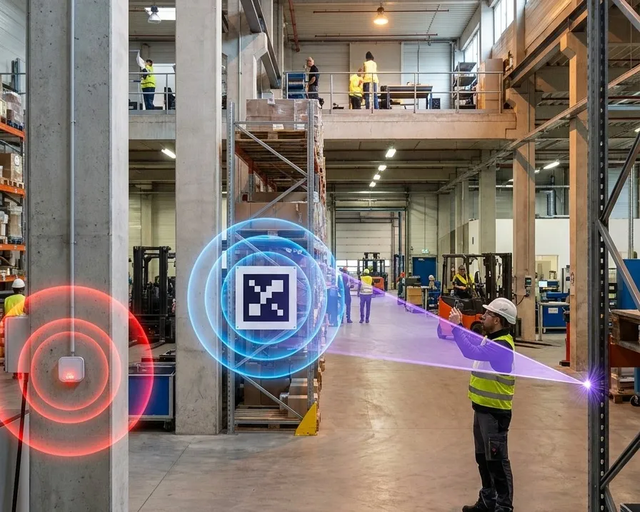 A facility interior showing a beacon with wide accuracy rings, a fiducial marker, and a narrow camera cone converging on a single point