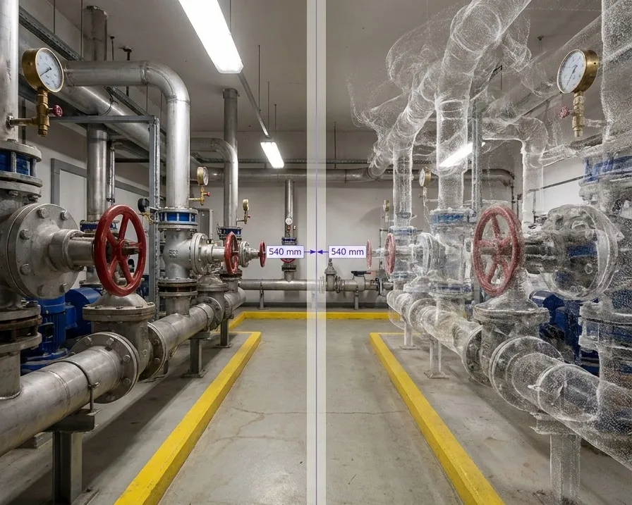 A pump room split down the centre, photographic capture on one side and a translucent reconstruction of the same geometry on the other, with one dimension measured across both