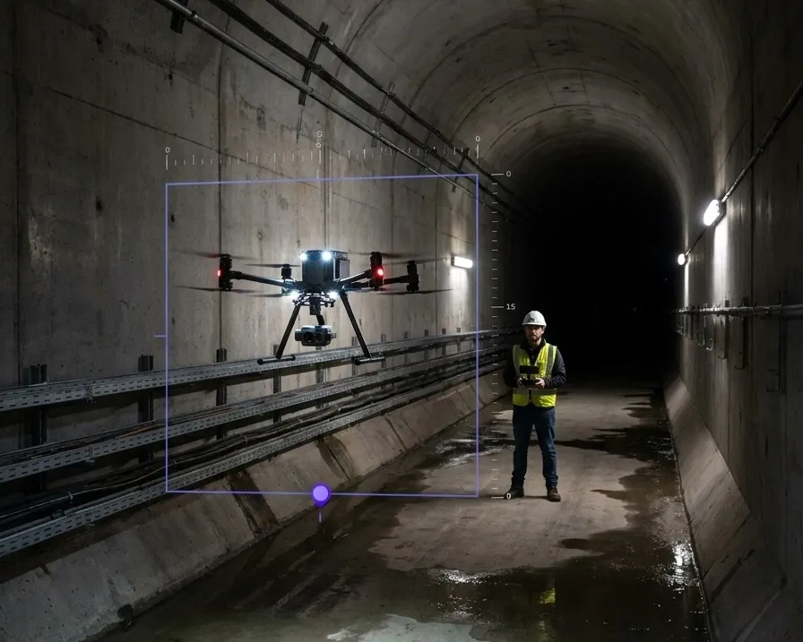 A survey drone holding position in a concrete utility tunnel with a coordinate frame locked to the structure, far below any open sky