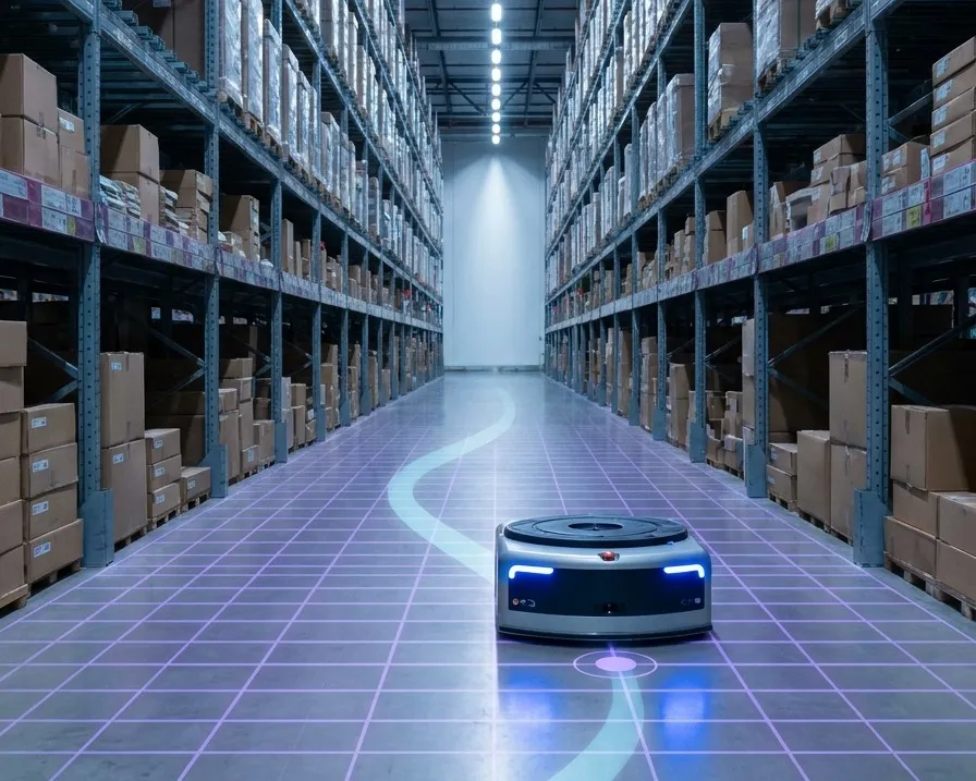 An autonomous mobile robot in a warehouse aisle with a drifting trail behind it and a floor grid locked square to the racking beneath it