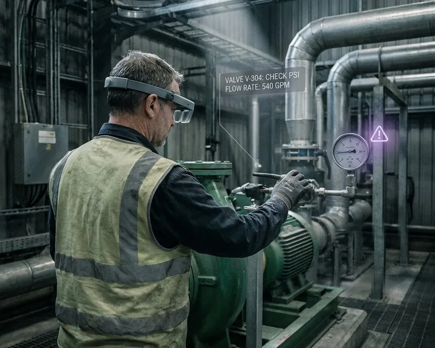 A maintenance technician wearing an AR visor working on a pump valve, with an instruction panel tethered by a leader line to the exact valve it describes and a warning marker beside the pressure gauge