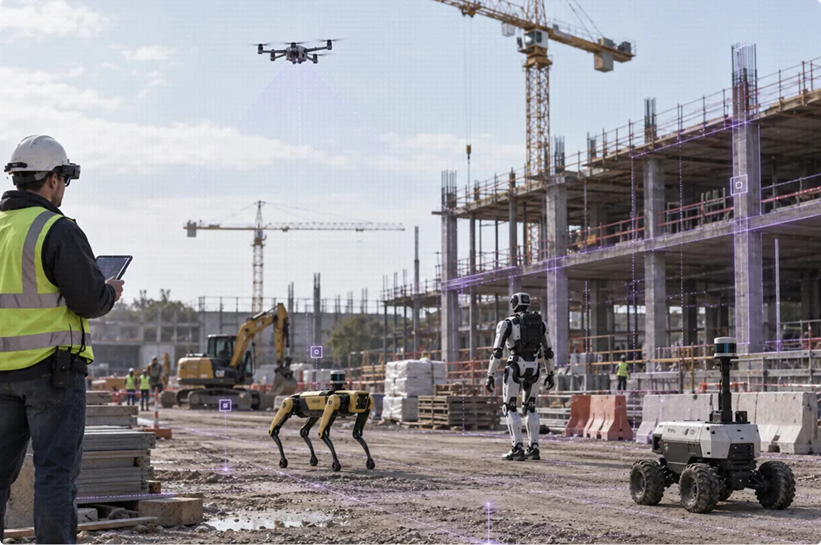 A construction site where a worker in a hard hat and headset, an overhead drone, a quadruped robot, a humanoid robot and a wheeled rover are all tracked in one shared coordinate frame