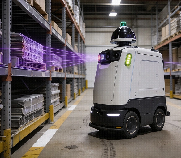 An autonomous mobile robot scanning warehouse racking, the capture rendered as a purple point cloud across the pallets beside it