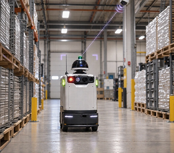 An autonomous mobile robot in a warehouse aisle localizing against a ceiling-mounted camera reference point