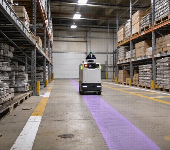 An autonomous mobile robot following a marked lane down a warehouse aisle lined with racking
