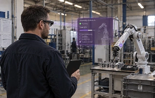 A technician in smart glasses watching an industrial robot arm, with the assembly station's running status and task checklist overlaid in place in his field of view