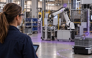A worker with a tablet on a factory floor while an autonomous mobile robot follows a marked path around a robot cell