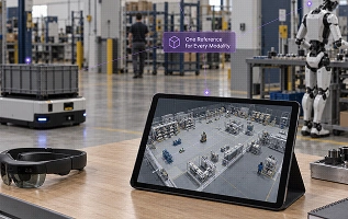 A tablet on a workbench showing a 3D map of the facility, with a mixed reality headset, an AMR carrying a tote and a humanoid robot working in the same space