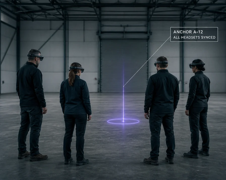 Four trainees in mixed-reality headsets standing around a violet anchor marker on the floor of an empty training bay, with a label reading ANCHOR A-12, ALL HEADSETS SYNCED