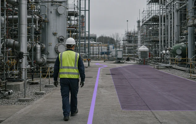 A contractor walking a routed path through a refinery during a turnaround, with a shaded zone marking an area the route avoids