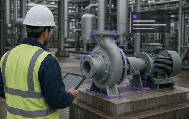 A technician with a tablet at a process pump, the pump outlined and an information panel anchored to it by a leader line