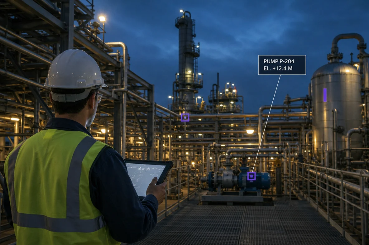 A technician with a tablet on a walkway in a refinery process unit at dusk, with markers on a pump, a valve and a vessel, and a label reading PUMP P-204, EL. +12.4 M