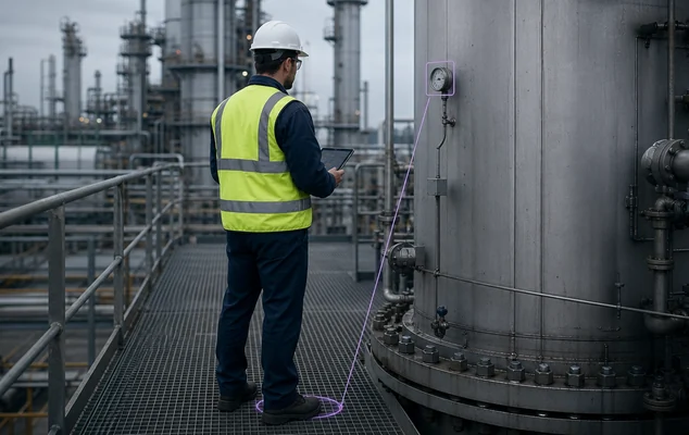 An inspector reading a gauge on a process vessel, with a marker on the walkway recording the position the reading was taken from