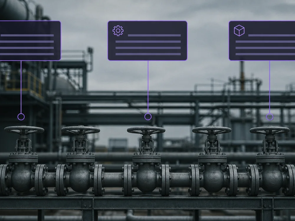 A work order, a parts record and a 3D model each pointing at a different valve in a row of identical valves, none able to say which one is meant.