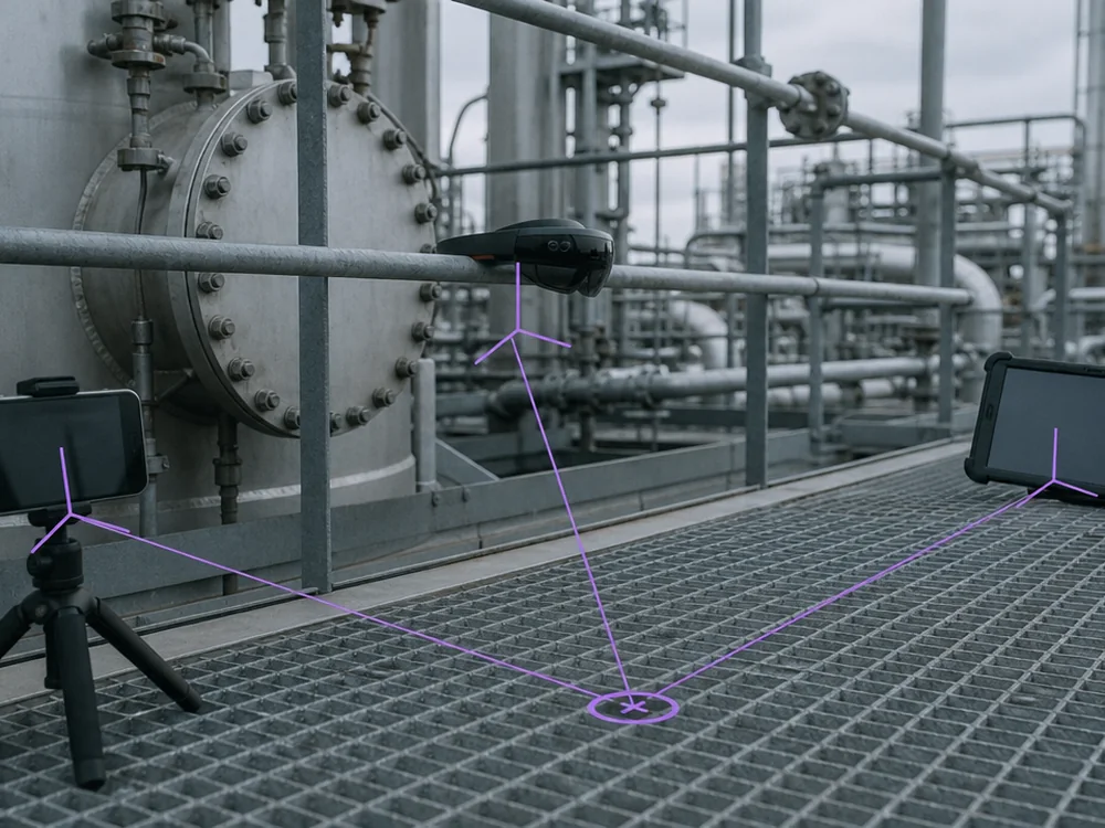 A phone, a headset and a tablet each returning a position and orientation from the same plant map.