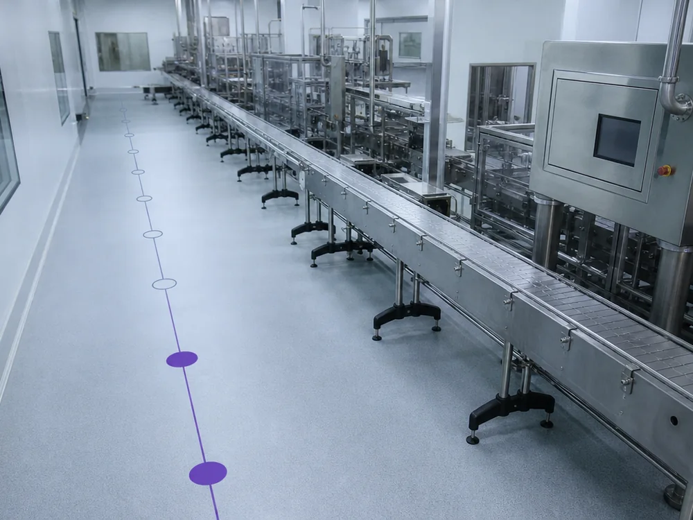 A route along a packing line passing ten checkpoint markers, only two of which are recorded.