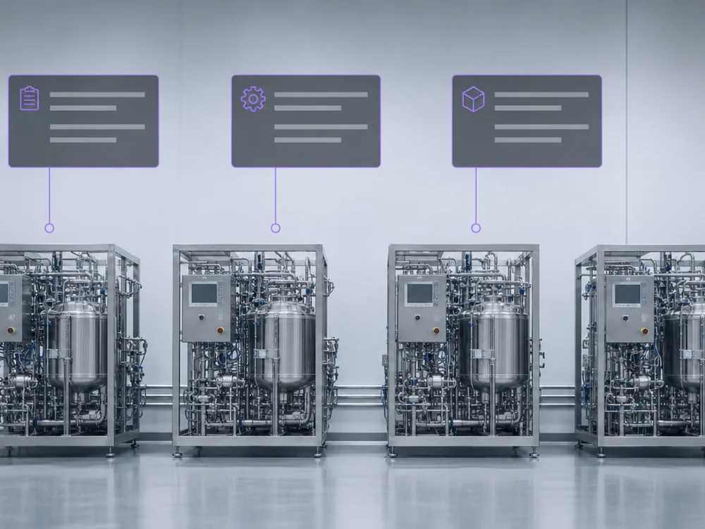 Three record panels each pointing at a different skid in a row of identical process skids.