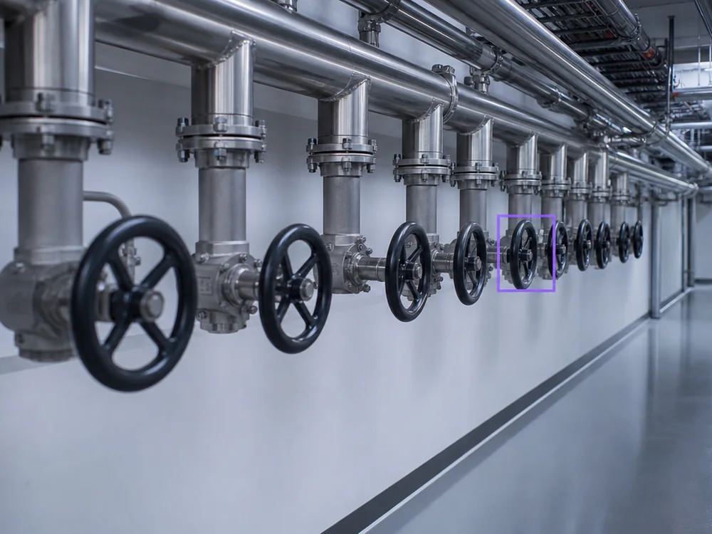 A long row of visually identical manual valves on overhead pipework, with only one of them marked.