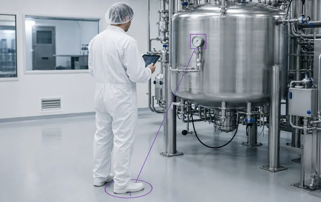 An operator reading a gauge on a process vessel, with a marker on the floor recording the position the reading was taken from