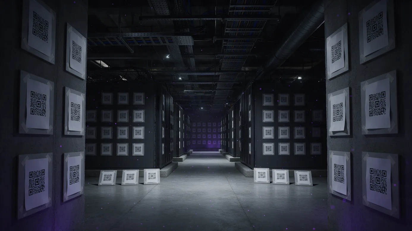 A data centre hall under construction with hundreds of printed square fiducial markers taped in a grid across the walls, cabinet ends and floor, receding down the hall
